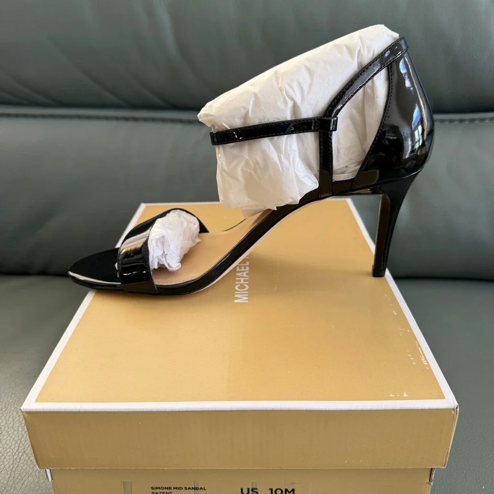 Michael Kors Simone Mid Sandal Black Patent Leather Stiletto Heels 10M